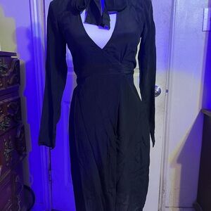 State of Being Black Long-Sleeve pure silk wrap dress with bow
